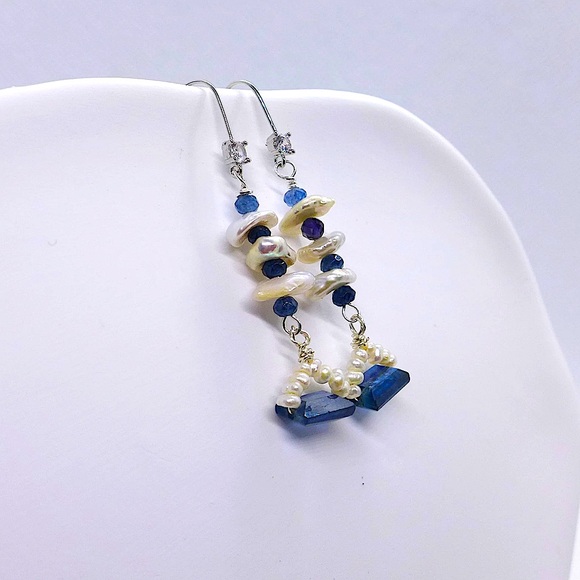 Natural Kyanite & Baroque Pearl Earrings,White Gold Filled Zircon Hook Earrings - Picture 2 of 5